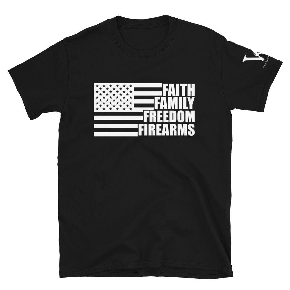 Faith, Family, Freedom, and Firearms unisex t-shirts